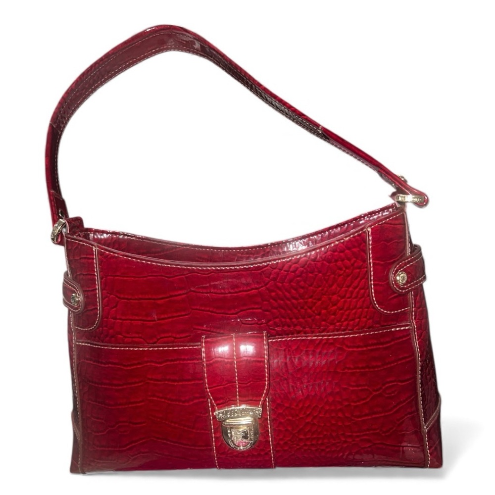 Liz Claiborne red crocodile embossed faux patent leather shoulder bag.